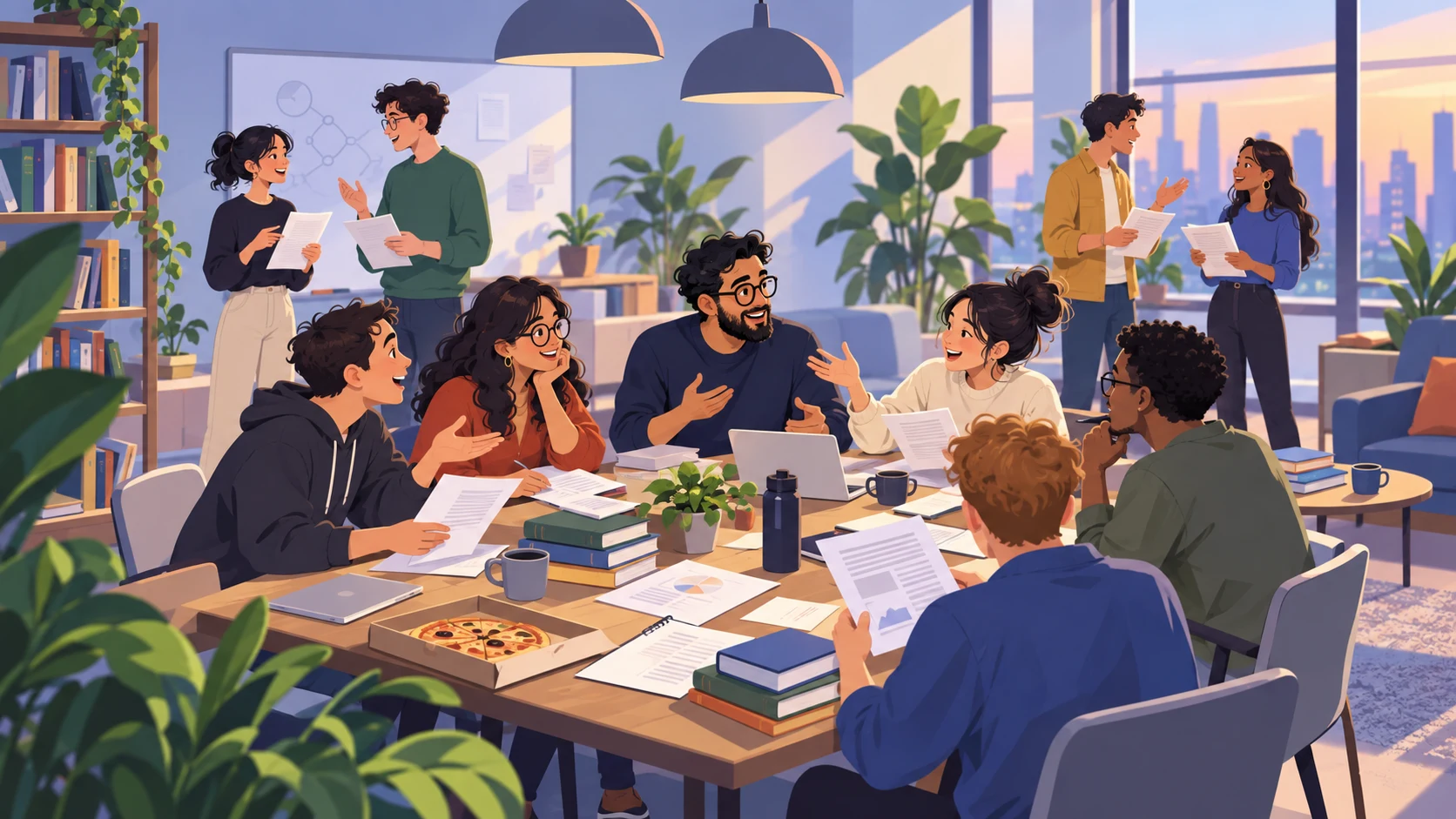 A group of people talk around a table with printed papers, books, laptops and pizza, in a room with plants and a view of the city at sunset.